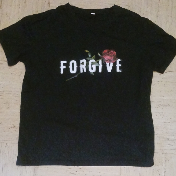 Tops - Black T-Shirt with 'Forgive' and Rose Design